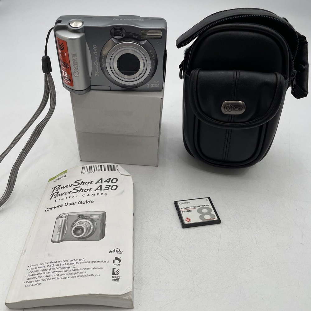 Canon Powershot A40 Digital Camera 2MP 7.5X Zoom+Battery+Memory Card+Case-TESTE